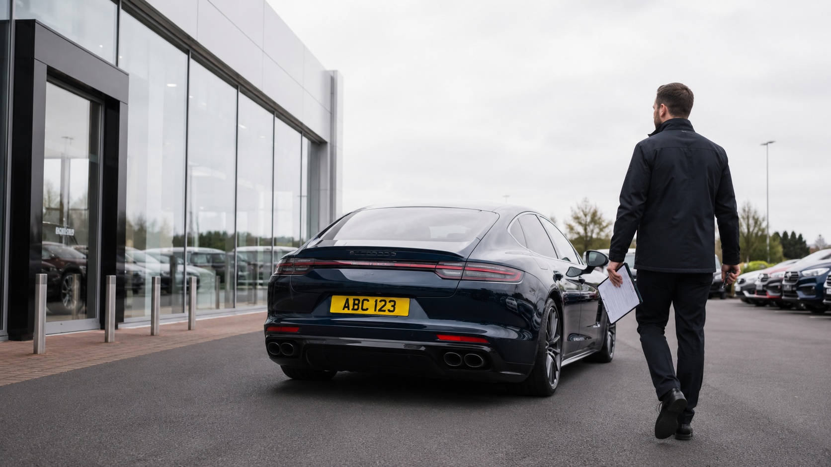 Professional vehicle movement driver collecting a car from a UK dealership